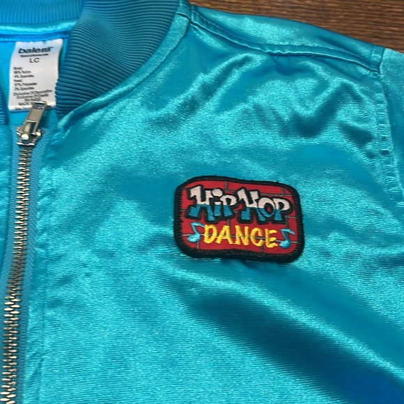 Girls satin bomber jacket and pop art leggings size 8. Great 90s costume! - Picture 3 of 9